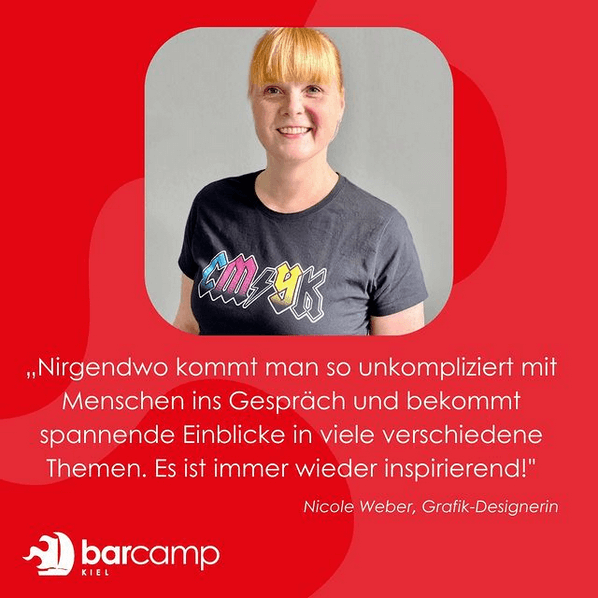 Foto von Nicole. Darunter steht: „Nirgendwo kommt man so unkompliziert mit Menschen ins Gespräch und bekommt spannende Einblicke in viele verschiedene Themen. Es ist immer wieder inspirierend!"